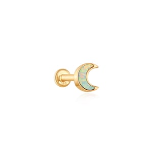 14k Solid Gold Opal Moon Labret Piercing, Celestial Labret Stud, Moon Flat Back Stud Earring, Celestial Piercing, Dainty Moon Helix Stud