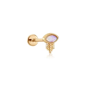 14k Solid Gold Opal Flatback Labret, Opal Marquise Stud, Flat / Helix Gold Piercing, Australian Opal Piercing Stud, Opal Flatback Earring