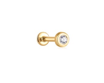 14k Solid Gold Diamond Labret Stud, Solid Gold Stud Earring, Flat Back Single Stud, Tiny Genuine Diamond Helix Stud, Gold Cartilage Piercing