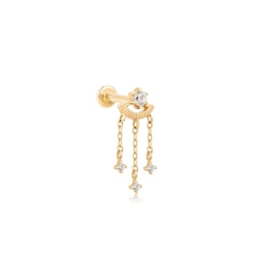 14k Solid Gold Topaz / Diamond Labret Stud, Dangly Chain Flatback Stud, Gemstone Dangle Chain Piercing, Solid Gold Dangly Stud Chain Earring