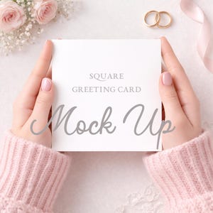 May include: A white square greeting card mockup held by a person wearing a pink jumper. The card has the words "SQUARE GREETING CARD" and "Mock Up" printed on it. Gold wedding rings and pink flowers are in the background.