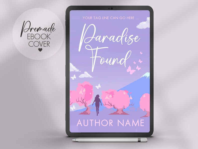 May include: A premade ebook cover with a purple background and a silhouette of a person walking through a pink cherry blossom tree. The text "Paradise Found" is written in a white cursive font. The text "AUTHOR NAME" is written in a white sans-serif font at the bottom of the cover.