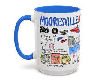 Mooresville NC Illustrated Landmarks Mug | 15oz Color Accent Mug
