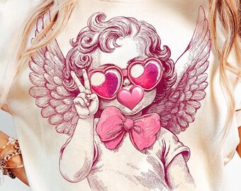 Retro Cupid Valentine Blowing Heart Bubble PNG, Vintage Valentines Day T-shirt, Fun Cupid with Sunglasses png, Valentine Sublimation Design