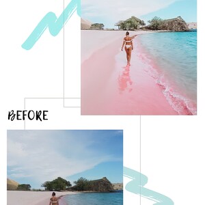 May include: A split image shows a before and after comparison. The "after" image features a person walking on a pink sand beach with turquoise water. The sky is blue with a few clouds. The "before" image shows the same scene with a slightly different color palette.