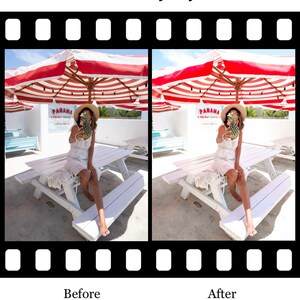 May include: Before and after photo showing the difference between a photo edited with a preset and an unedited photo. The photo shows a person sitting on a white picnic table under a red and white striped umbrella. The person is holding a pineapple in front of their face. The text "PANAMA" is visible on a sign behind the person.