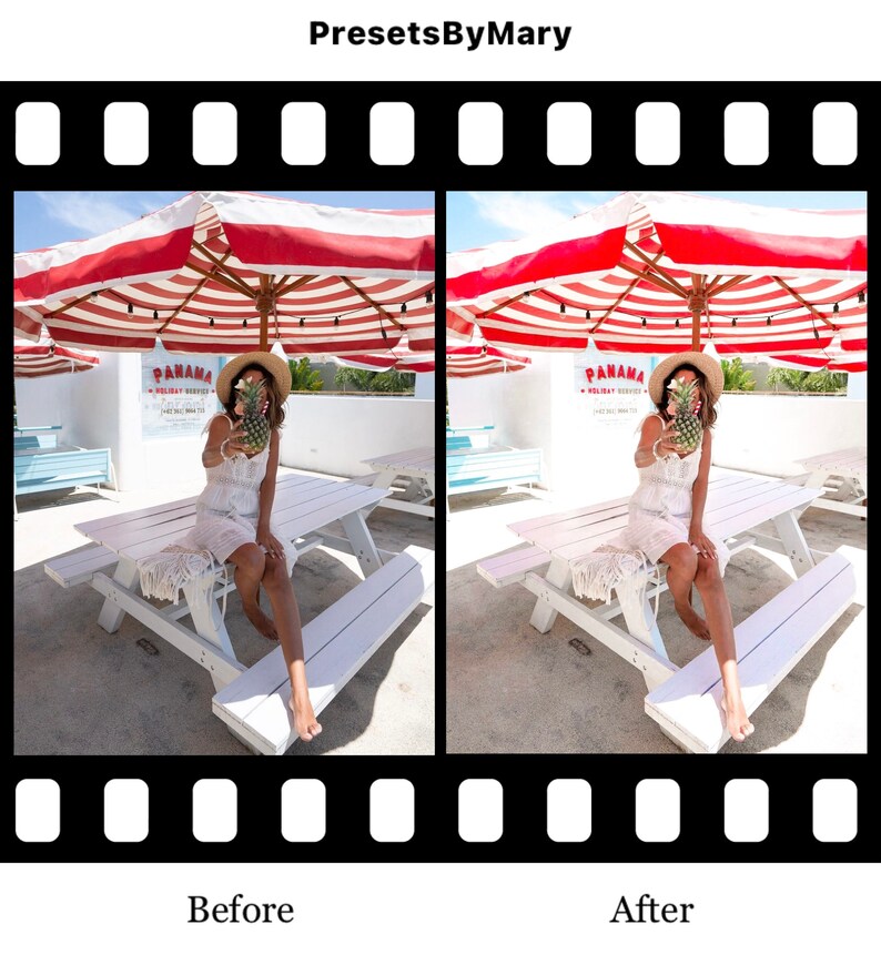 May include: Before and after photo showing the difference between a photo edited with a preset and an unedited photo. The photo shows a person sitting on a white picnic table under a red and white striped umbrella. The person is holding a pineapple in front of their face. The text "PANAMA" is visible on a sign behind the person.