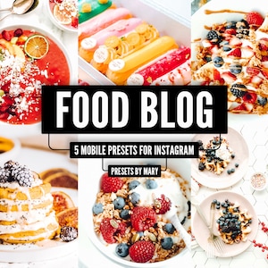 Puede incluir: Un collage de seis im&aacute;genes que muestran varios alimentos, incluyendo un taz&oacute;n de batido con fruta y copos de coco, un plato de panqueques con bayas, un taz&oacute;n de yogur con granola y bayas, un plato de pan de pl&aacute;tano con mantequilla de man&iacute; y bayas, un plato de &eacute;clairs y un plato de waffles con bayas. El texto "FOOD BLOG" se muestra en letras grandes y en negrita, y el texto "5 MOBILE PRESETS FOR INSTAGRAM" se muestra debajo. El texto "PRESETS BY MARY" se muestra debajo de eso.