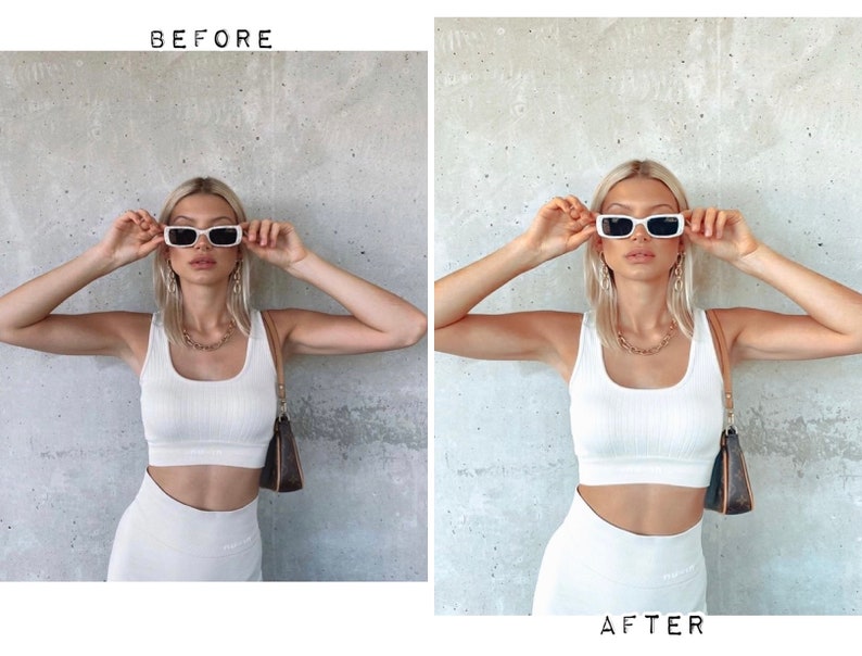 May include: A woman wearing a white tank top, white pants, and white sunglasses. She is standing in front of a gray wall.
