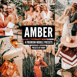 May include: A set of 4 mobile photo presets called "Amber" by Mary. The presets are designed to give photos a warm, golden, and vintage look. The image shows several photos of people in various settings, all edited with the Amber presets.
