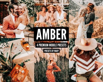 May include: A set of 4 mobile photo presets called "Amber" by Mary. The presets are designed to give photos a warm, golden, and vintage look. The image shows several photos of people in various settings, all edited with the Amber presets.