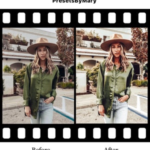 May include: Before and after photo showing the effect of a photo filter. The photo shows a person wearing a green satin shirt, a brown hat, and blue jeans. The person is standing in front of a building with green bushes.