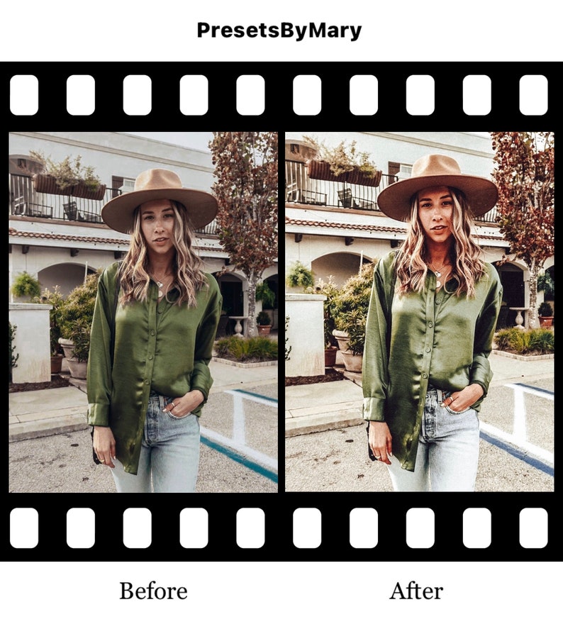 May include: Before and after photo showing the effect of a photo filter. The photo shows a person wearing a green satin shirt, a brown hat, and blue jeans. The person is standing in front of a building with green bushes.
