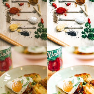 Puede incluir: Primer plano de un plato con un huevo frito, hierbas verdes y trozos de pan de ma&iacute;z. El plato est&aacute; sobre una superficie rosa con una lata roja y verde en el fondo. La imagen est&aacute; dividida en dos secciones, mostrando la imagen antes y despu&eacute;s de la edici&oacute;n.