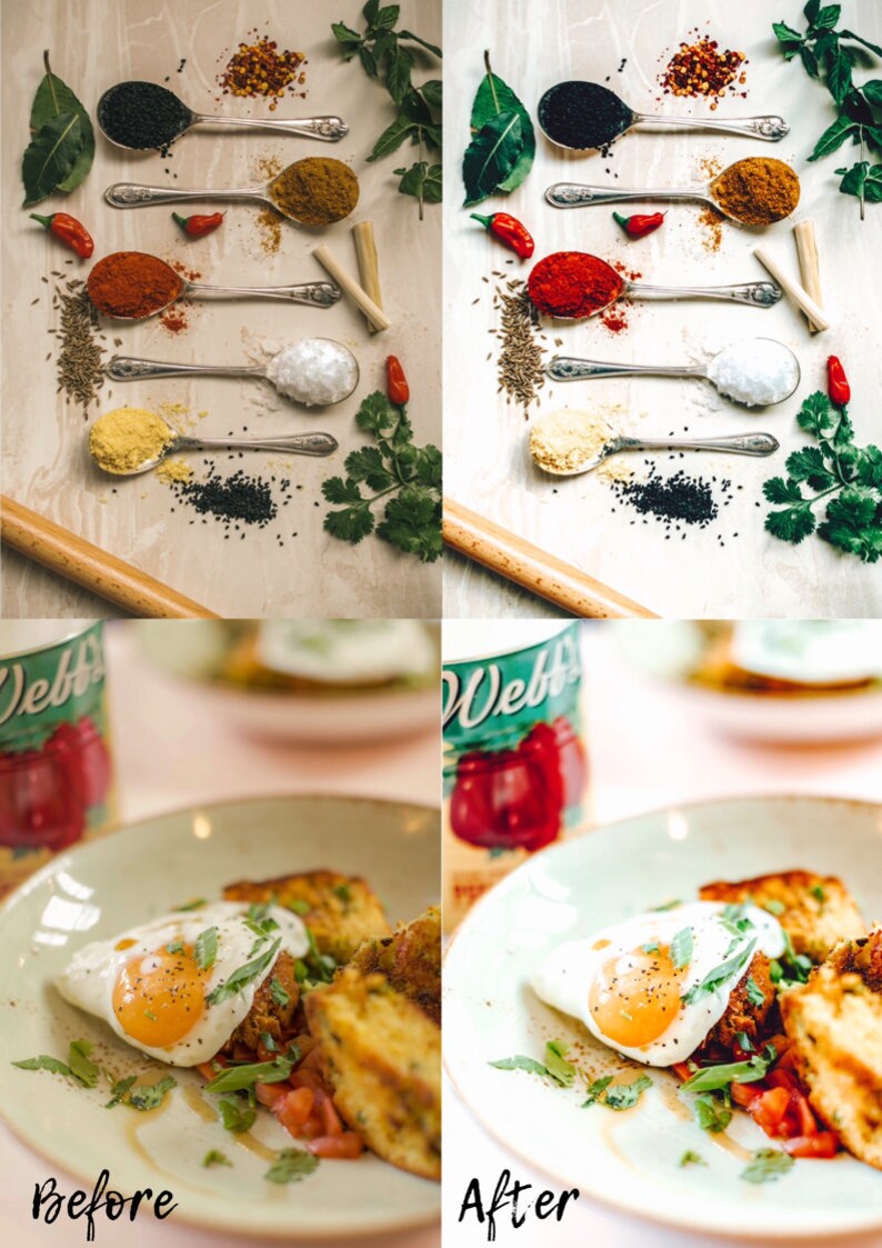 Puede incluir: Primer plano de un plato con un huevo frito, hierbas verdes y trozos de pan de ma&iacute;z. El plato est&aacute; sobre una superficie rosa con una lata roja y verde en el fondo. La imagen est&aacute; dividida en dos secciones, mostrando la imagen antes y despu&eacute;s de la edici&oacute;n.