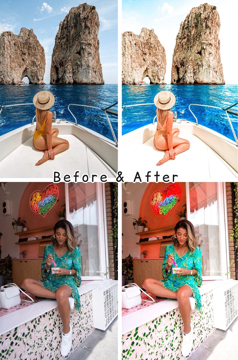May include: A before and after photo collage showing the difference in image editing. The top left image shows a woman in a yellow swimsuit sitting on a boat in front of two large rock formations. The top right image shows the same scene with a more vibrant color palette and increased contrast. The bottom left image shows a woman sitting on a bench in front of a neon sign that says "All you need is matcha". The bottom right image shows the same scene with a more vibrant color palette and increased contrast.