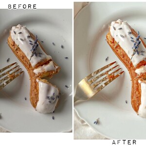 May include: A white plate with a fork and two eclairs topped with white icing and lavender flowers.
