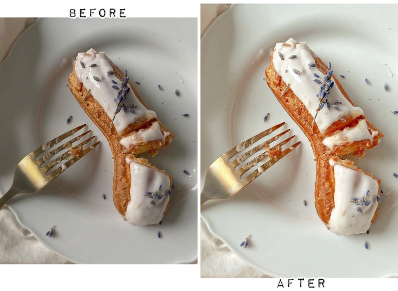 May include: A white plate with a fork and two eclairs topped with white icing and lavender flowers.