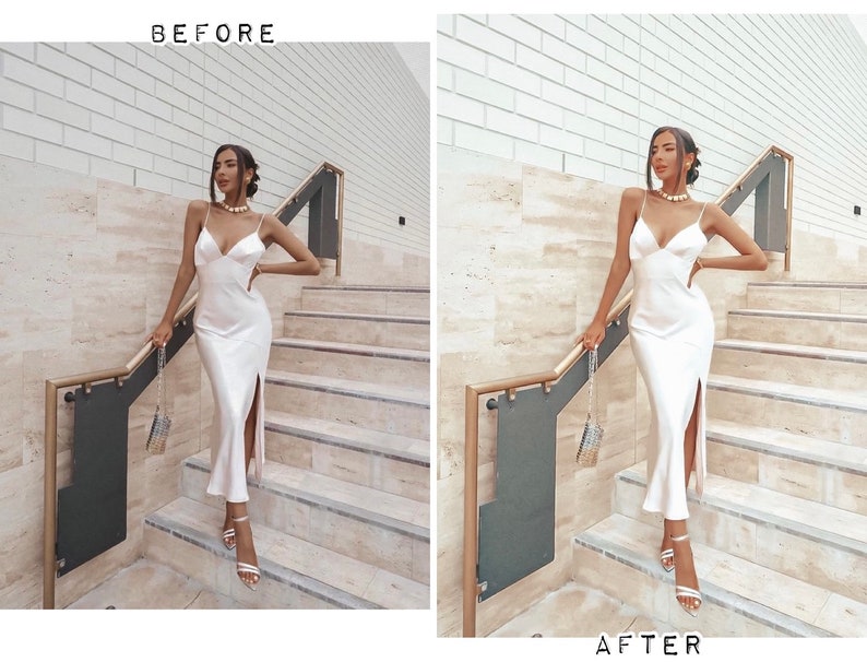 May include: A woman in a white satin dress stands on a set of stairs with a white railing. She is wearing a pearl necklace and holding a small silver purse.