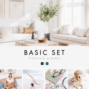May include: A set of lifestyle presets for Lightroom, labelled "BASIC SET" in black text on a white background. The image also shows four smaller images of different scenes, including a woman reading a book, a woman doing a handstand, a close-up of a magnifying glass and a notebook, and a golden retriever dog.