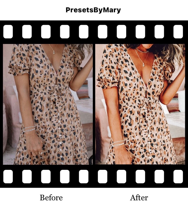 May include: Before and after photo of a woman wearing a brown and black leopard print dress with short sleeves and a V-neck. The dress has a tie at the waist and buttons down the front. The photo on the left shows the original image, while the photo on the right shows the image after a filter has been applied.