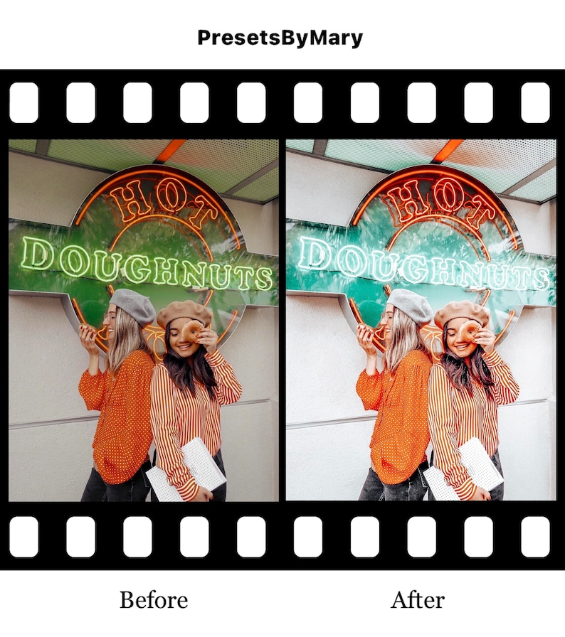 May include: Two people wearing orange and striped shirts stand in front of a green and white sign that reads "HOT  DOUGHNUTS". They are holding a doughnut in front of their faces.
