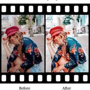 May include: Before and after photo of a woman wearing a red cap, a blue floral shirt, and denim shorts. The photo on the left is the before photo, and the photo on the right is the after photo. The after photo has been edited to have a warmer tone and more vibrant colors.
