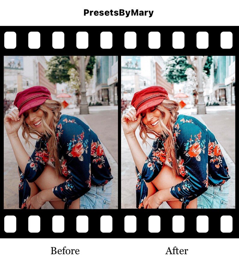 May include: Before and after photo of a woman wearing a red cap, a blue floral shirt, and denim shorts. The photo on the left is the before photo, and the photo on the right is the after photo. The after photo has been edited to have a warmer tone and more vibrant colors.