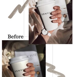 May include: A white to-go coffee cup with the word "CHANGE" printed on the side. The cup is being held by a hand with light pink nail polish. The cup is sitting on top of a magazine with the word "VICTORY" printed on the cover.