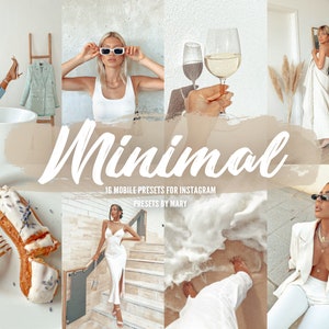 May include: A collage of images featuring a white aesthetic. The images include a woman wearing a white tank top and sunglasses, a glass of white wine, a woman in a white dress, a woman in a white blazer, and a pastry with white frosting. The text "Minimal 16 Mobile Presets for Instagram Presets by Mary" is displayed in the center of the collage.