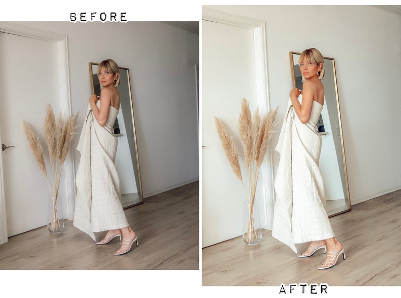 May include: A woman in a white linen dress stands in a room with a mirror and a vase of dried pampas grass. She is wearing white heels and has her hair pulled back.