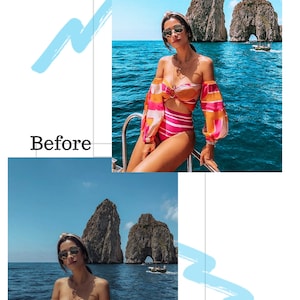 May include: A woman wearing a pink and orange striped swimsuit with a matching off-the-shoulder top poses on a boat in front of a rocky island with a blue sky and ocean in the background.