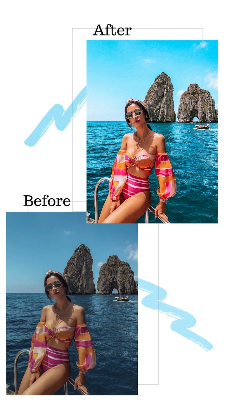 May include: A woman wearing a pink and orange striped swimsuit with a matching off-the-shoulder top poses on a boat in front of a rocky island with a blue sky and ocean in the background.