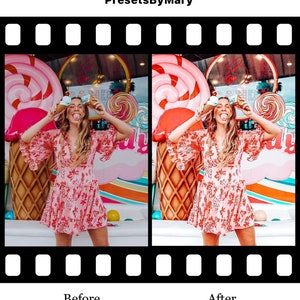 May include: A woman wearing a pink floral dress with a white background and a pink bow in her hair. She is holding two ice cream cones in front of her face. The background is a colorful candy-themed wall with a large pink and white ice cream cone.