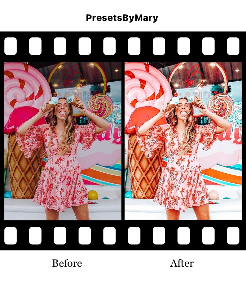 May include: A woman wearing a pink floral dress with a white background and a pink bow in her hair. She is holding two ice cream cones in front of her face. The background is a colorful candy-themed wall with a large pink and white ice cream cone.