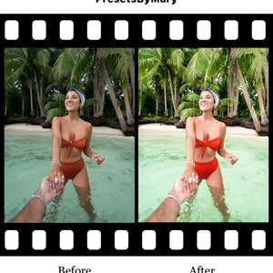 May include: Before and after photo showing the difference a photo filter can make. The before photo shows a woman in a red bikini standing in the water with a tropical background. The after photo shows the same woman in the same pose, but the colors are more vibrant and the image has a warmer tone.