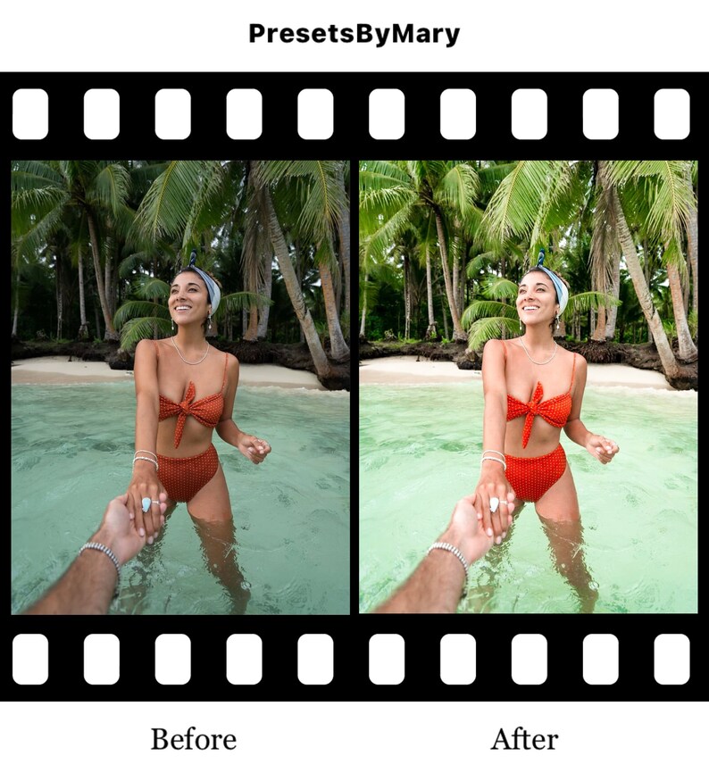 May include: Before and after photo showing the difference a photo filter can make. The before photo shows a woman in a red bikini standing in the water with a tropical background. The after photo shows the same woman in the same pose, but the colors are more vibrant and the image has a warmer tone.