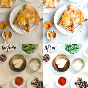 Puede incluir: Una imagen de antes y despu&eacute;s que muestra la diferencia en la edici&oacute;n de fotograf&iacute;a de alimentos. La imagen superior muestra un plato de crepes con rodajas de naranja y crema batida. La imagen inferior muestra una variedad de cuencos con fruta, nueces y especias.