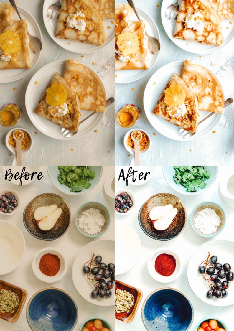 Puede incluir: Una imagen de antes y despu&eacute;s que muestra la diferencia en la edici&oacute;n de fotograf&iacute;a de alimentos. La imagen superior muestra un plato de crepes con rodajas de naranja y crema batida. La imagen inferior muestra una variedad de cuencos con fruta, nueces y especias.
