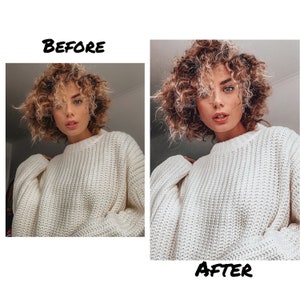 May include: A woman with curly brown hair is wearing a white knitted sweater. The sweater has a ribbed texture.