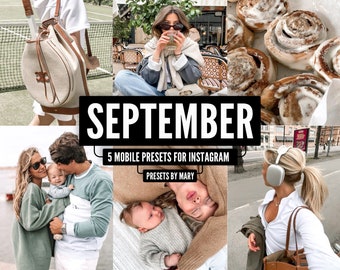 May include: A collage of images featuring a variety of scenes, including a woman wearing a white shirt and a brown bag, a woman sitting at a table with a cup of coffee, a couple holding a baby, a baby lying on a blanket, a woman wearing headphones and a white shirt, and a close-up of cinnamon rolls. The text "SEPTEMBER" and "5 MOBILE PRESETS FOR INSTAGRAM" is displayed in the center of the collage.