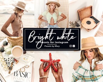 May include: A collage of images featuring a woman wearing a white crochet top and blue jeans, a woman wearing a brown hat and a white shirt, a woman wearing a brown hat and a brown tank top, a coffee cup, a starfish, and a record player. The text "Bright white 12 Presets for instagram Presets by Mary" is displayed on a black background.