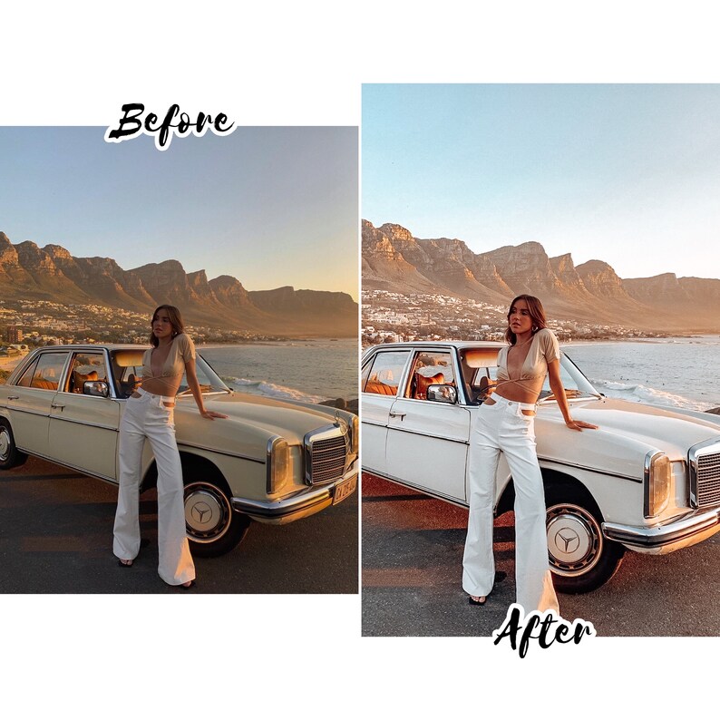 May include: A woman in a white outfit stands next to a vintage white car with a mountain range in the background. The sky is a light blue with a golden sunset.