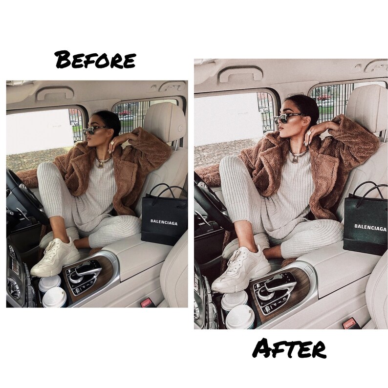 May include: A woman wearing a brown fuzzy jacket, white pants, and white sneakers sits in the passenger seat of a car. She is holding a black shopping bag with the word "BALENCIAGA" printed on it. There are two white coffee cups on the dashboard.