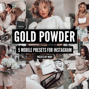 May include: A collage of images featuring five mobile presets for Instagram called "Gold Powder" by Mary. The presets are designed to give photos a warm, golden tone. The images show different people in various settings, including a woman sitting in a car, a woman standing in a room, a woman sitting on a bench, and a woman holding a bouquet of flowers.