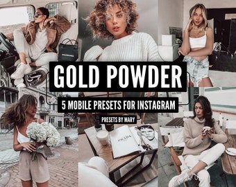 May include: A collage of images featuring five mobile presets for Instagram called "Gold Powder" by Mary. The presets are designed to give photos a warm, golden tone. The images show different people in various settings, including a woman sitting in a car, a woman standing in a room, a woman sitting on a bench, and a woman holding a bouquet of flowers.