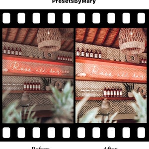 May include: Before and after photo of a bar with a neon sign that says "Rose all day". The photo on the left is a bit darker and the photo on the right is brighter and more vibrant.