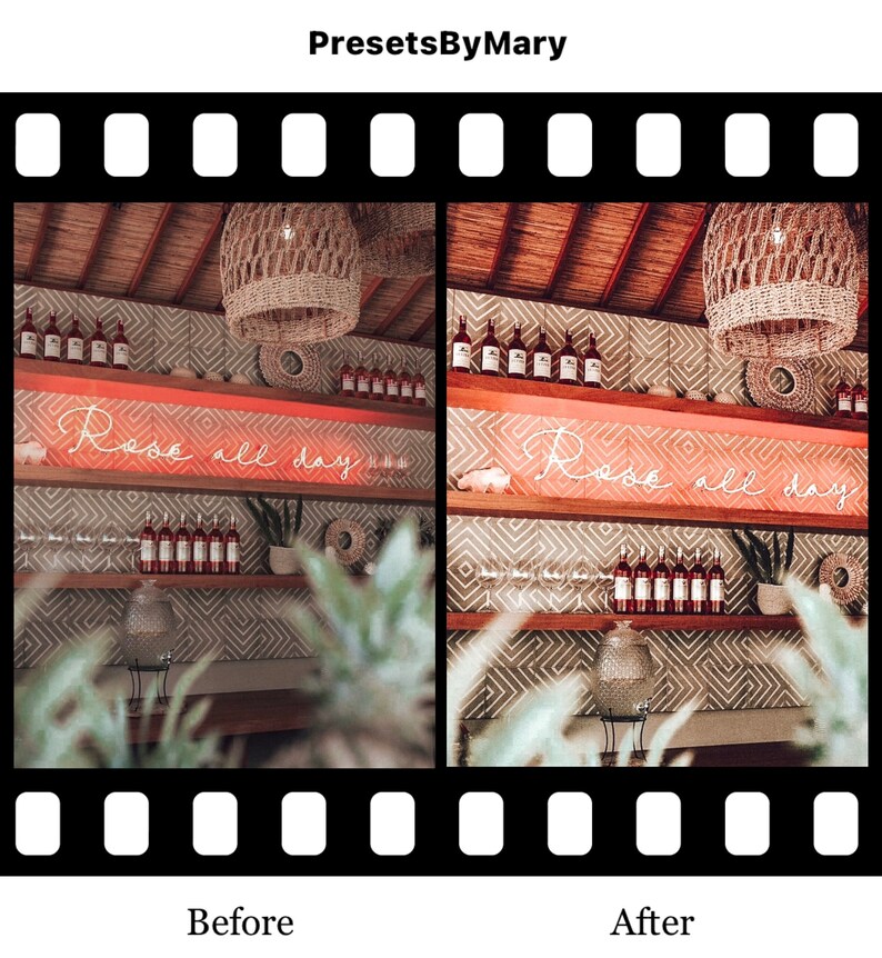 May include: Before and after photo of a bar with a neon sign that says "Rose all day". The photo on the left is a bit darker and the photo on the right is brighter and more vibrant.
