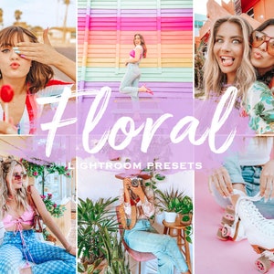 Puede incluir: Un conjunto de ajustes preestablecidos de Lightroom llamados "Floral" con un fondo rosa y morado. La imagen muestra varias fotos de mujeres con diferentes atuendos y posando en varios lugares. Las fotos están editadas con diferentes filtros y efectos de color.