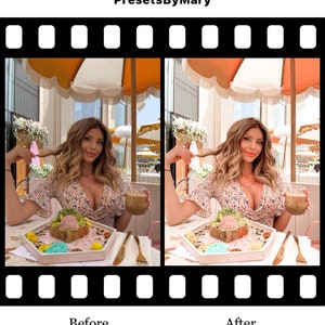 May include: Before and after photo of a woman sitting at a table with a plate of food and a glass of iced coffee. The photo on the left shows the original image, while the photo on the right shows the image after a filter has been applied. The filter makes the image brighter and more vibrant.